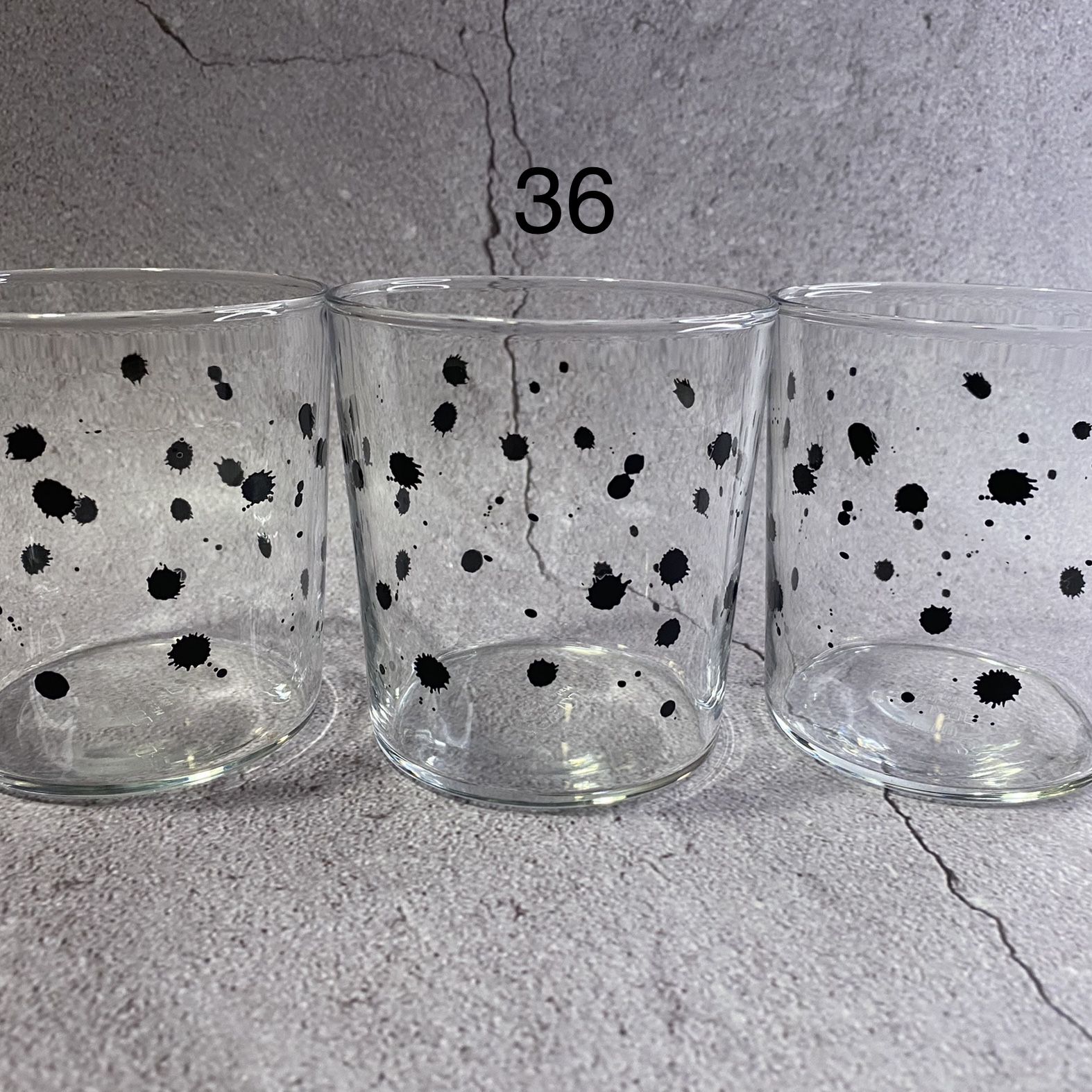7) Vintage IKEA France Cocktail Glasses w/Black Paint Splats/Tumbler Glasses/ Cocktail Glasses (Set of 3) IKEA Made In France model # 18 for Sale in Sunset Valley, TX