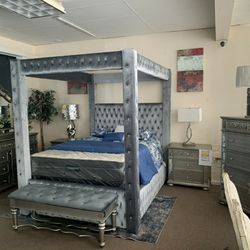 Luxurious Velvet like fabric and tufted canopy bed- regal gray finish