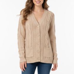 Aviva Premium Tan Cable Knit Cardigan V-Neck Button Front - Size Medium