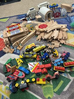 Wooden Train Track Pieces, Trains, And Accessories