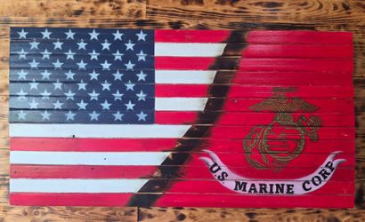 Rustic Wooden USMC American Flag – Handcrafted 36"x18.5" OBO