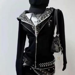 Subculture Y2k Leopard Print Patchwork Hoodie Autumn New Hot Girl Fake Two Piece Tops 2025 High Street Vintage Long Sleeve Coat #y2k #emo