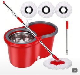 Spin Mop And Bucket With Wringer Set, 360° Floor Cleaning System, 3 Microfiber Refills, 61" Extended Handle, Easy Self-Wringing