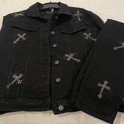 Waimea Cross Studded Ripped Black Denim Jacket & Black Jeans