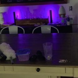 2 Toned White & Wood Table With 6 Two- Toned White On Wood Stool Chairs