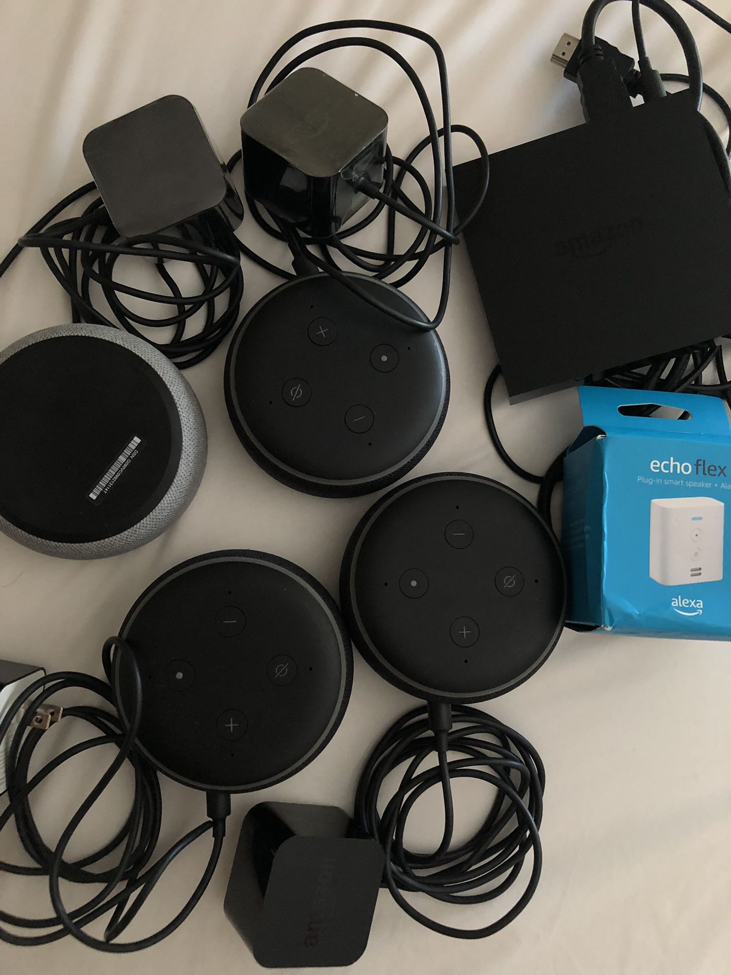 4 Amazon Echo Dots 2nd gen, Alexa Echo Flex, Fire TV 2nd gen media streamer 