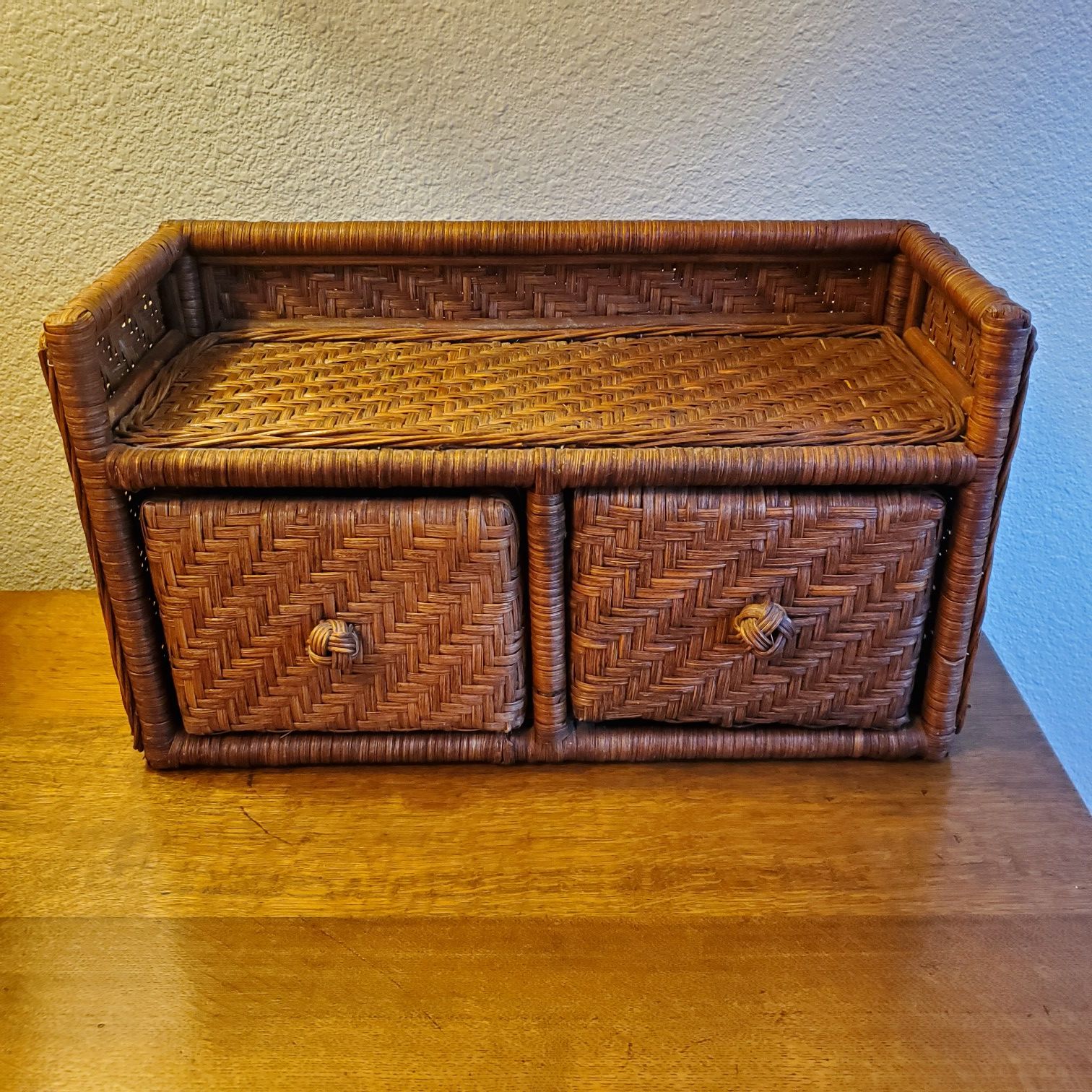 Vintage Woven Hanging Shelf with Drawers