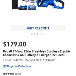Kobalt 24 Volt Brushless Cordless Chainsaw