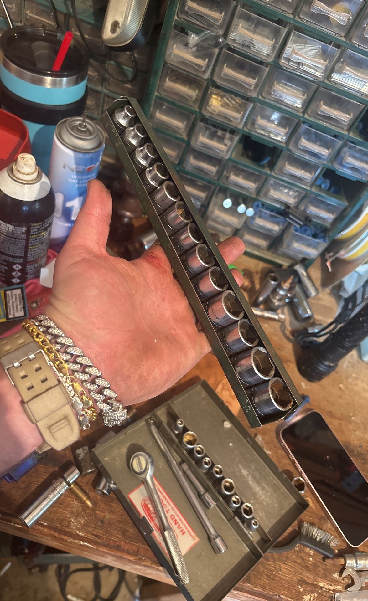 Sk Tools USA Metric 3/8 Drive Socket Set shallow short 7-19mm 6 point metals And A Porto Flex Head 3/8 Drive Ratchet