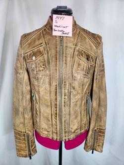Black Rivet Women's Distressed Tan Genuine Leather Moto Biker Jacket [COPY]