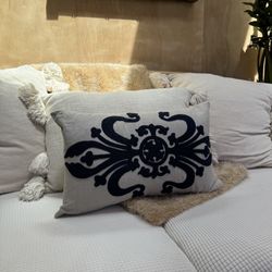 Restoration Hardware RH Beige Navy Blue Geometric Overstuffed Coastal Pillow Down Zip Top Applique 