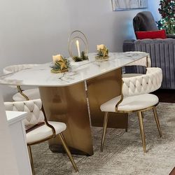 Modern Sintered Stone Dining Table With Gold Metal Base