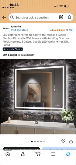 LED Bathroom Mirror 48''X40'' with Front and Backlit, Stepless Dimmable Wall Mirrors with Anti-Fog, Shatter-Proof, Memory, 3 Colors, Double LED Vanity