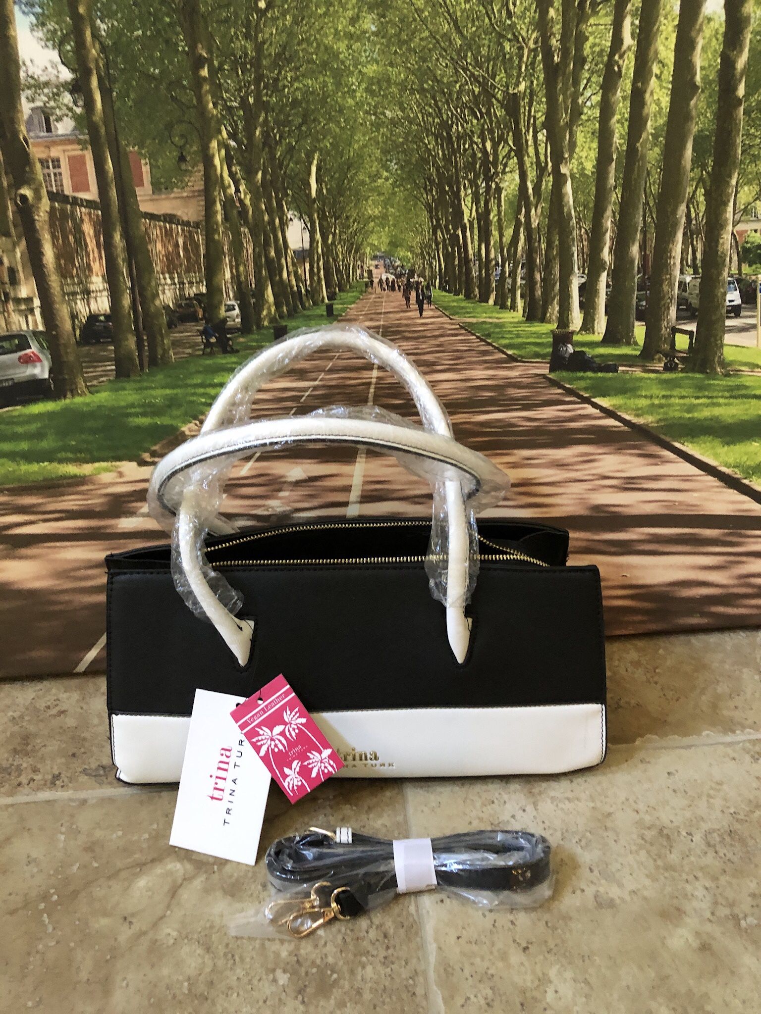 Trina Turk Black And White Satchel Handbag 