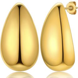 Chunky Gold Hoop Earrings for Women Trendy, Stainless Steel TearDrop Hoops Earring, Lightweight Water Drop Ear Jewerly