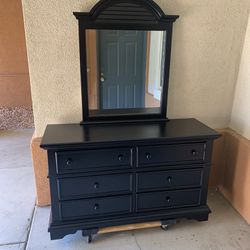 Dresser Black 6 Drawers Wood With Matching Mirror   