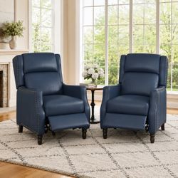 Set of 2. Lange 28in. W Navy Genuine Leather Nailhead Trim Recliner Armchair with Cushioned Back and Wooden Legs