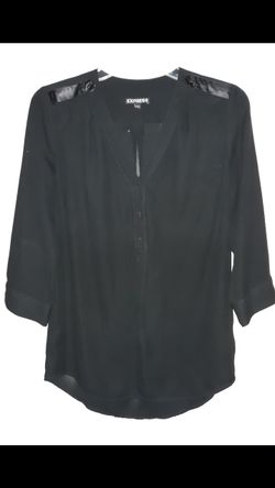 EXPRESS! Black Transparent Casual Blouse Leather Texture on Top of the Shoulder, Metal Stub Buttons. 3/4 Sleeves. Size ( XS )