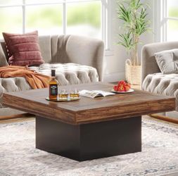 35.4-Inch Square Coffee Table with LED Light, Modern Wood Coffee Table, Large Center Table, Rustic Brown & Black
