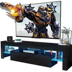 CFTEL Black TV Stand, 60 65 70 75 inch Wood TV Stand, High Glossy Entertainment Center with Large Drawers＆Glass Display Shelf, LED Modern Media Gaming