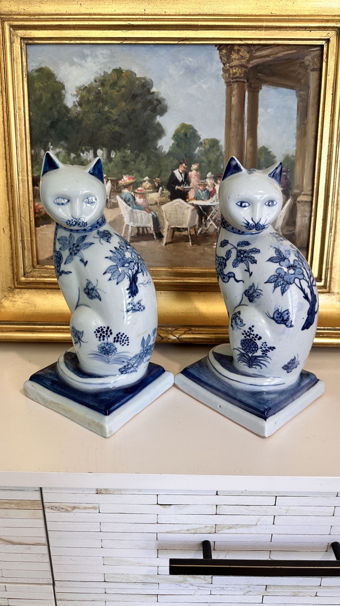 Pair of Vintage Asian Porcelain Cat Kitten Blue White Large Figurine 11 1/2".