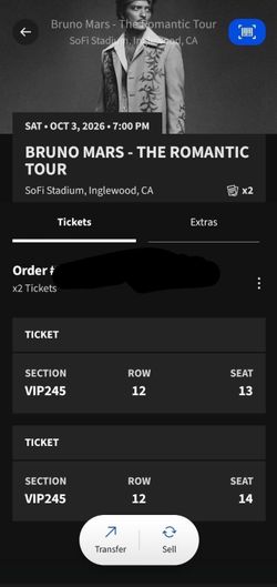 2 Bruno Mars VIP Tickets - THE ROMANTIC TOUR