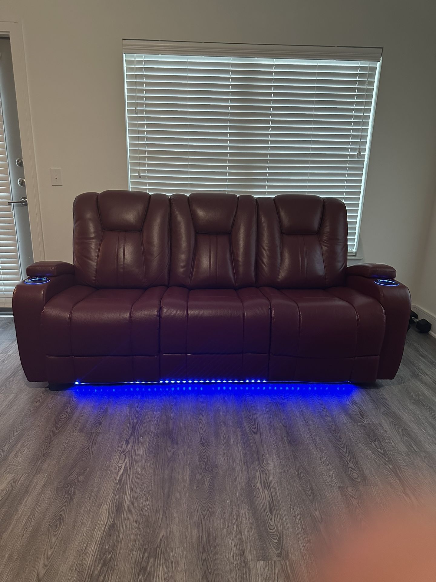 Red Reclining Sofa – Like New w/ Wireless Charging, USB & LED Lights – $800