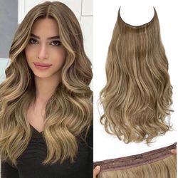 SARLA Invisible Wire Hair Extensions Long Wavy Curly Synthetic Hairpiece with 3 Clips for Women Adjustable Transparent Headband 22 Inch Sandy Brunette