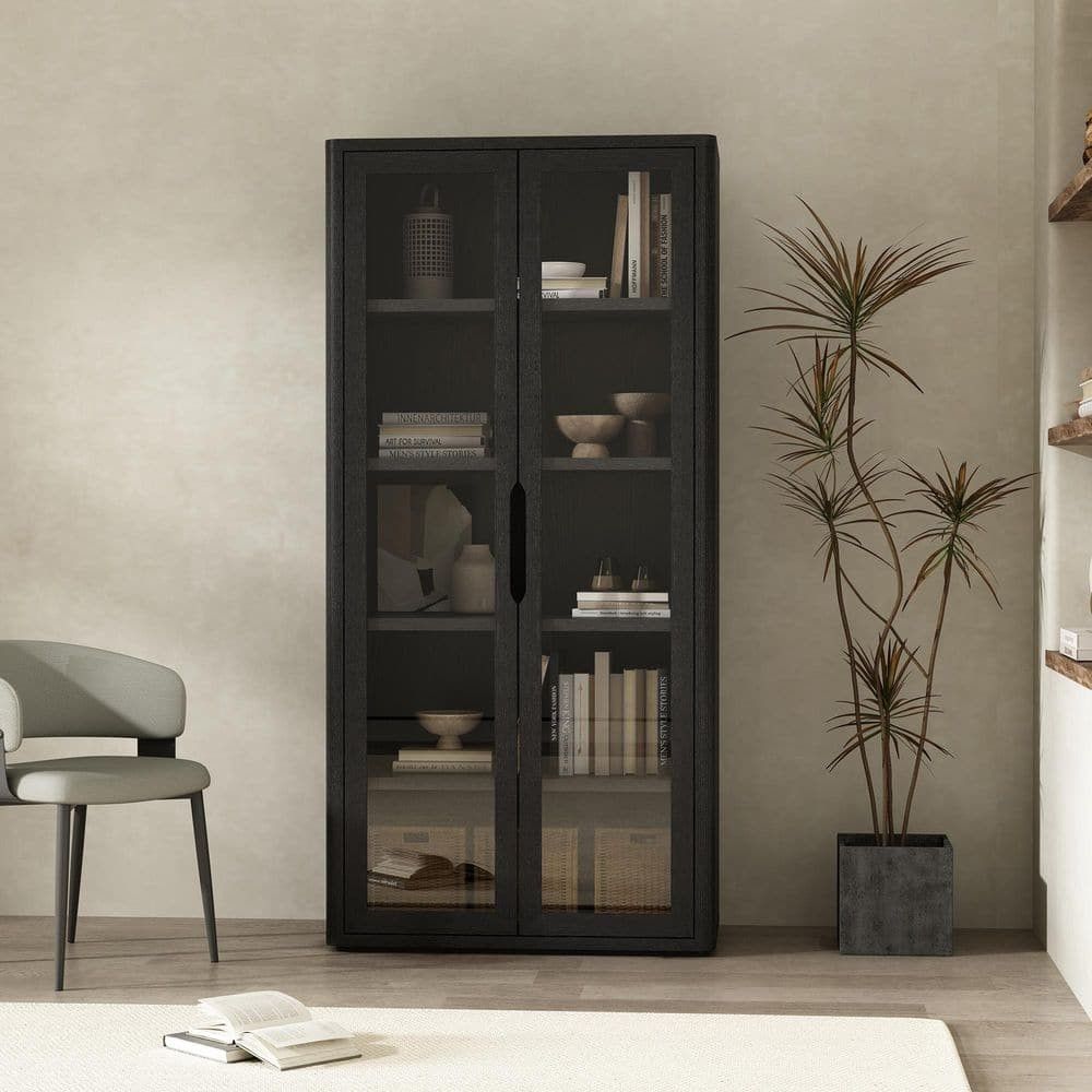 Rivington 79 in. Tall Modern Black Composite Wood 5 Shelf Standard Bookcase with Tempered Glass Doors