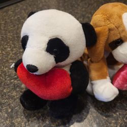 Valentine small stuffies lot of 2 DanDee panda bear holding heart and Caltoy small brown dog with heart in mouth, lot of 2