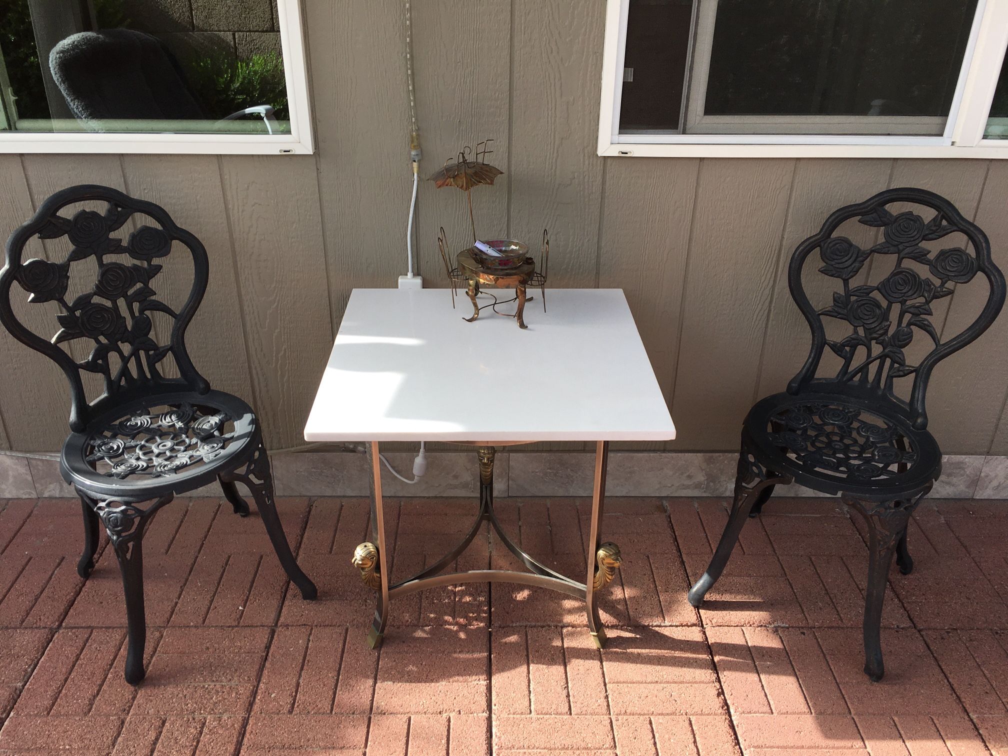Coffee Table And Two Rose Cast Metal Chairs