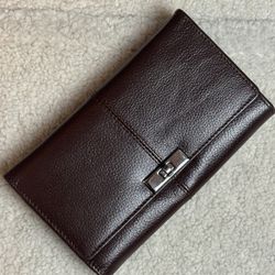 Brown Genuine Leather Clutch Wallet Bag Snap Closure Zip Coin Organizer