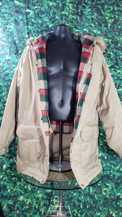 Vintage 80's Woolrich Cream/Mackinaw Buffalo Jacket Coyote- Sz Large- Made USA.