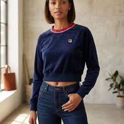 Vintage Fila Navy Blue Velour Cropped Sweatshirt Large