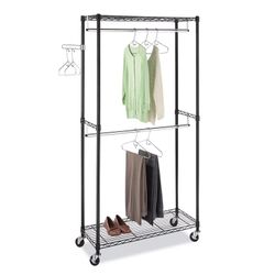 Whitmor Supreme Double Rod Garment Rack, Black & Chrome with Wheels