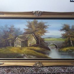 24" X 48" Vintage Oil Painting Signed "Andre" Framed Landscape Nature Trees House