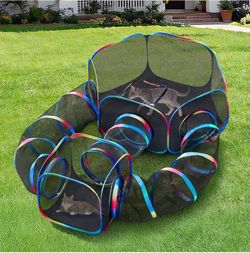 Outdoor Cat Enclosure 5-in-1 Portable Tunnels with Tent Cube Pop up Catio Collapsible for Cat Run Outside Enclosed Playground for Indoor Cats, Kitty &