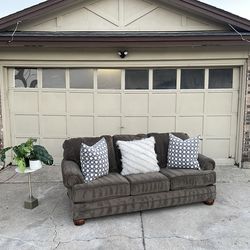 Trendy Muted Olive Green Sofa – Firm Cushions, Real Wood Legs, Great Condition