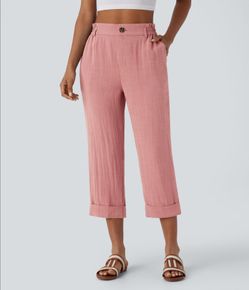 HIGH WAISTED ZIPPER POCKET CROPPED LINEN FEEL PANTS