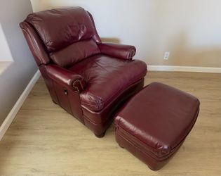 Leather  Chair - Recliner + Ottoman - Hancock & Moore Burgundy