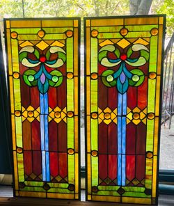 Matching Pair Stained Glass Window Panels