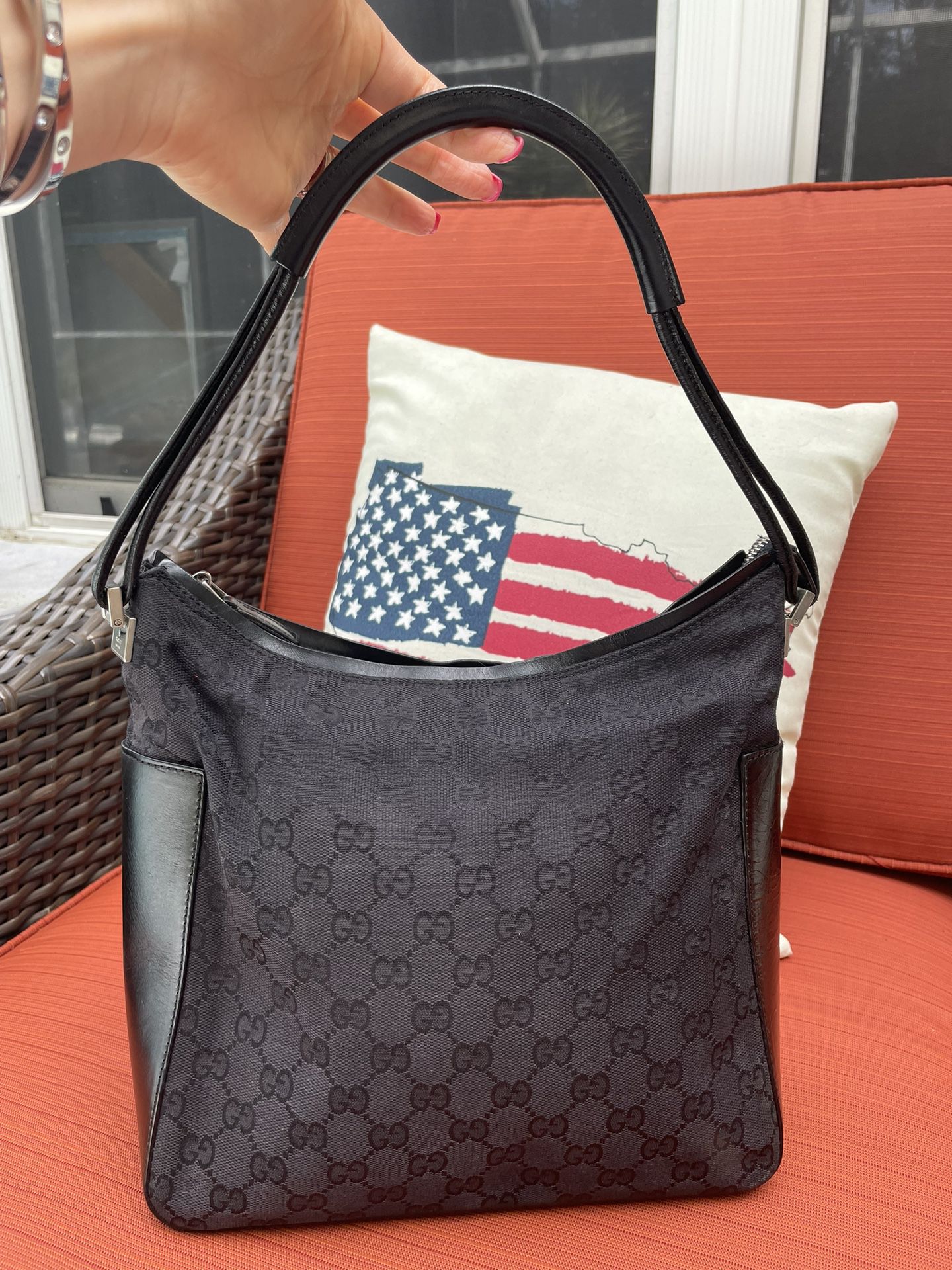 Gucci ~ One Shoulder Handbag  GG Canvas & Leather  Black 