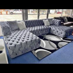 Chaise Tufted Velvet Fabric Sofa Sectional 