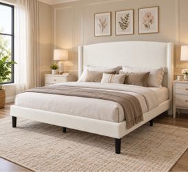 King Size Teddy Fabric Upholstered Platform Bed Frame with Curved Headboard and Durable Metal Frame