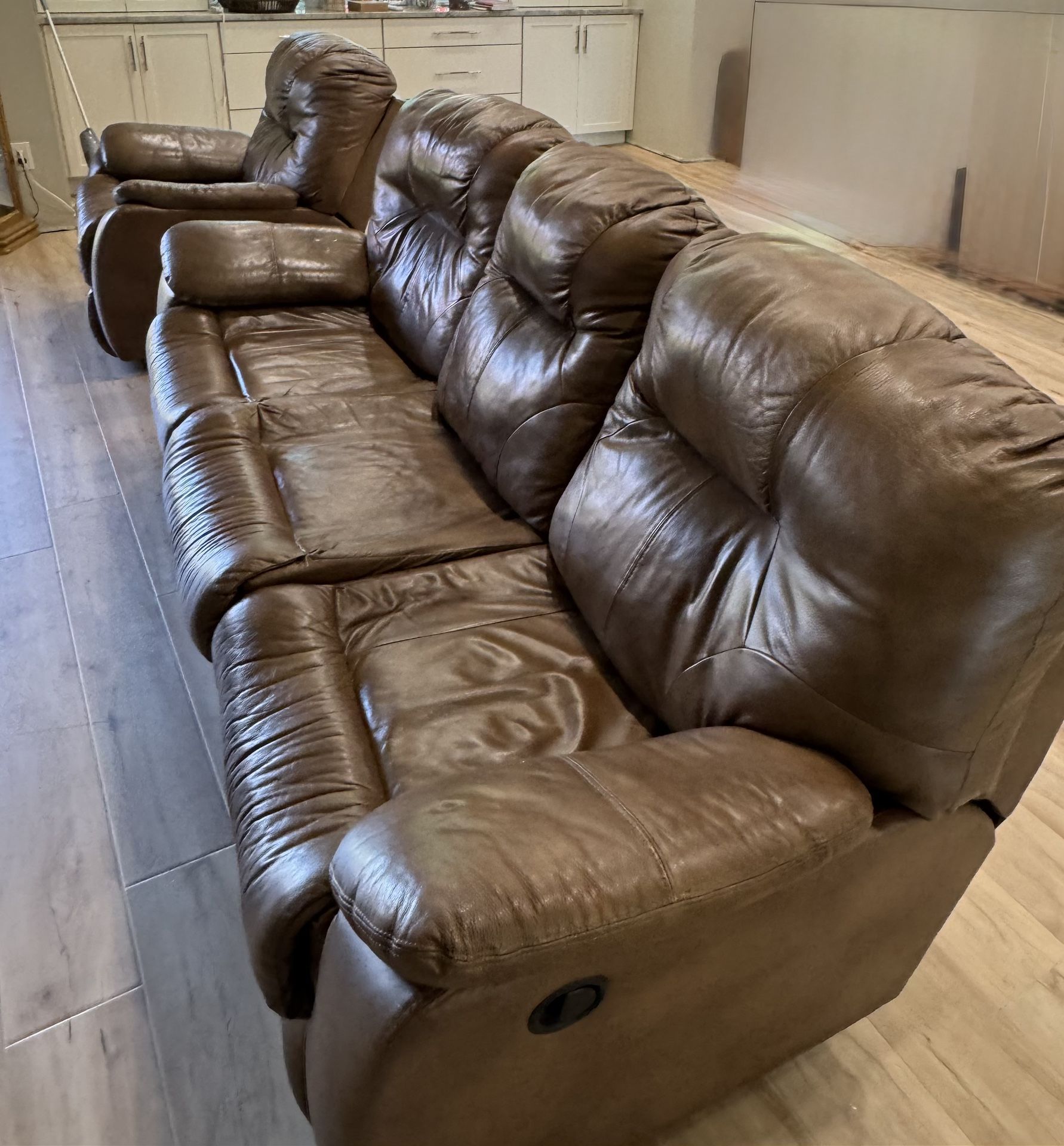 Avalon. Leather Couch, Loveseat, And Recliner.
