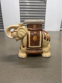 Vintage Ceramic Elephant Garden Stool / Plant Stand - Brown & Cream