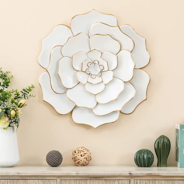 Metal Floral Wall Sculpture Color Off White