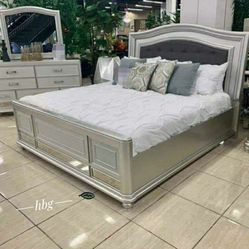 Metallic Grey Queen Panel Bed Frame/ Dresser with mirror 💥 No Credit Required 