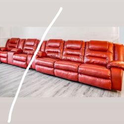 2 Piece Red Leather Couch - Seats 5 People 