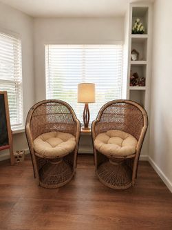 Vintage Peacock Rattan Chairs with Cushions